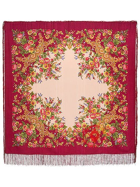 Павлопосадский шерстяной платок с шелковой бахромой «Изысканный», рисунок 1315-5